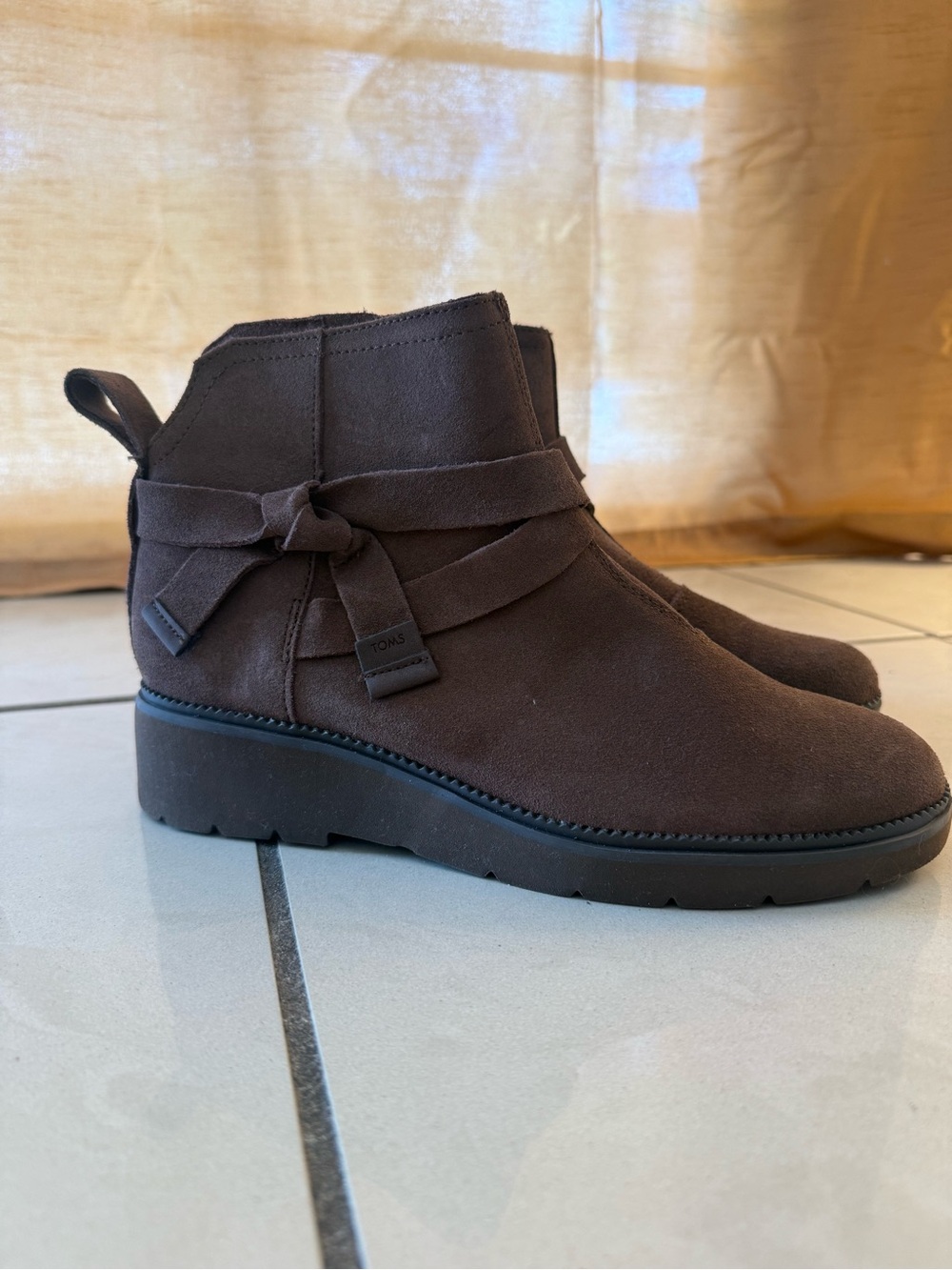 TOMS Chocolate Brown Suede Ankle Booties with Wrap Strap